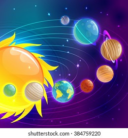 Los planetas de caricaturas son un vector colorido frente al cielo estrellado. Planetas del sistema solar. Sol, Mercurio, Venus, Tierra, Marte, Júpiter, Saturno, Urano, Neptuno.