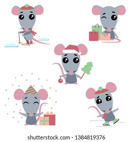 Cartoons rats on the white background. The set consists of a rat who skate and ski, makes purchases, celebrates a birthday, celebrates the new year.