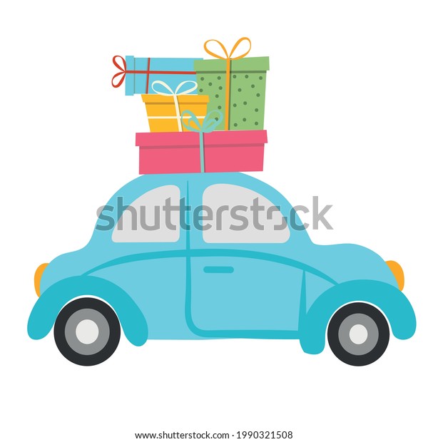 Cartoons retro car with gift box and\
presents. Vector\
illustration.\

