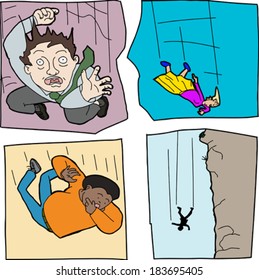 Cartoons of scared men and women falling down