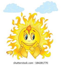 Cartoons  sitting merry sun with clouds. 