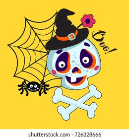 Cartoons Skull and bones isolated on background. Cute Skull Face. Vector Illustration of a Halloween Skull. Mexican day of the dead.