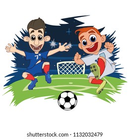Cartoons Soccer players play the ball at the stadium. Vector illustration