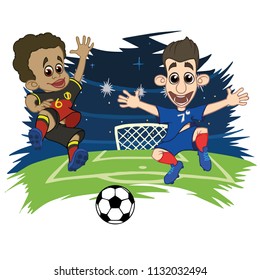 Cartoons Soccer players play the ball at the stadium Belgium France. Vector illustration