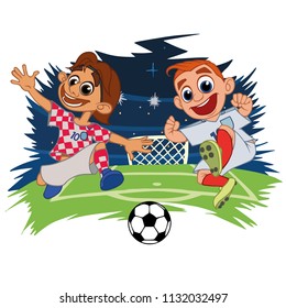 Cartoons Soccer players play the ball at the stadium England Croatia. Vector illustration