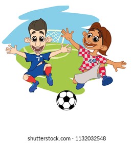 Cartoons Soccer players play the ball at the stadium. Vector illustration
