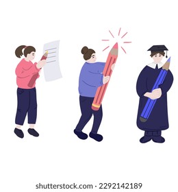 Estudiante de caricatura parado con un lápiz grande