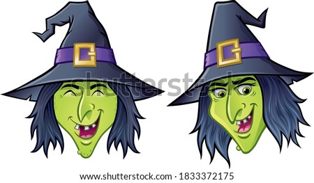 Cartoons of two Halloween wicked witch faces. One is laughing with eyes closed and the other has a devious look with a wild smile. 