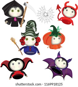 Cartoons are typical for Halloween. Bat, witch, pumpkin, death, devil.