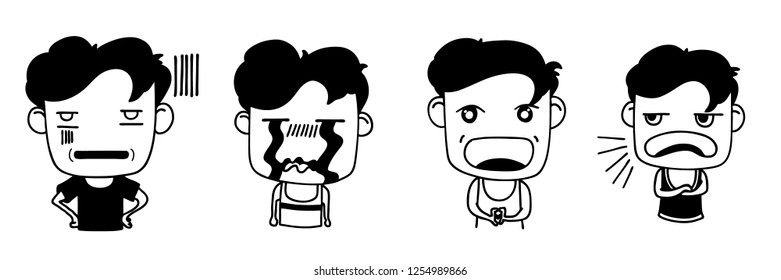 Cartoons vector boys reactions. Cute boys collection. Character, face, body, illustration.