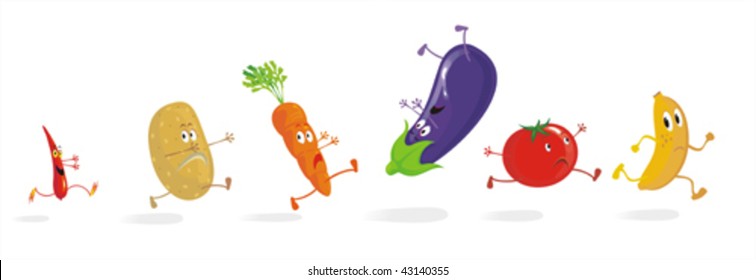 Cartoons of vegetables running away from a chili pepper. No gradient vector. Easy to create new scenes by moving a few elements.