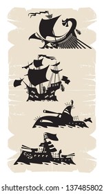 Cartoons warships of different times, vector