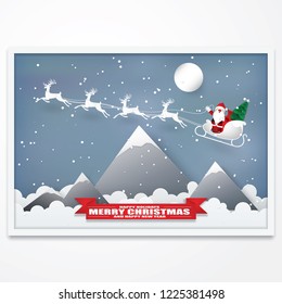 Cartoon,Santa Cross on Snow sled in the winter season,paper art and craft style.