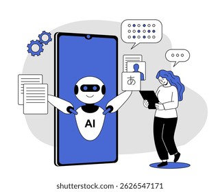 Assistente de IA em estilo de desenho animado emergindo da tela do smartphone ajudando a mulher com tradução e documentos, em fundo abstrato. Conceito de tecnologia inteligente. Ilustração vetorial