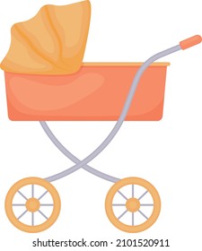 A cartoon-style baby stroller. Orange vintage baby carriage. Vector illustration isolated on a white background