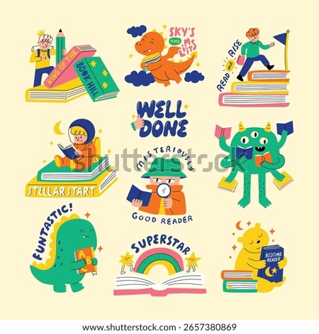 Cartoon-style back to school sticker illustrations with kids, books, dinosaurs, monsters, and encouraging reading phrases in bright playful colors