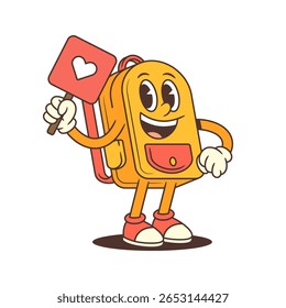 Cartoon-style backpack character holding a sign with a heart symbol and smiling brightly. Ideal for school-themed content, social media or educational promotions. Vector illustration