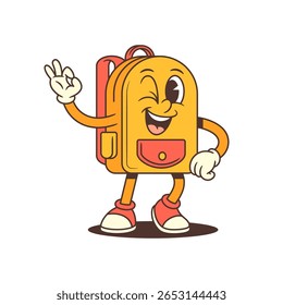 Cartoon-style backpack mascot winking and giving a thumbs-up with a playful vibe. Best for casual communication, kids branding, fun education or social media projects. Vector illustration