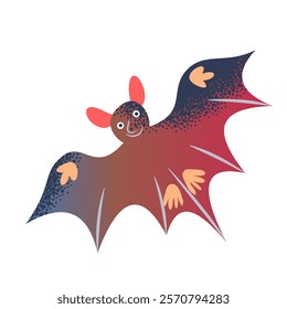 Cartoon-style bat with gradient of dark blue to red wings, orange ears and hands, featuring cheerful smile and playful dotted texture. Flat vector illustration.