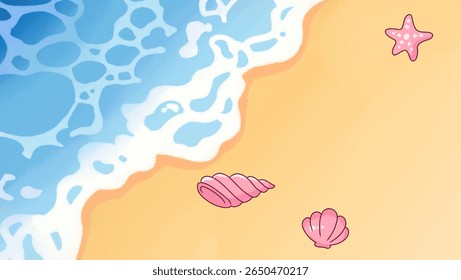 Cartoon-style beach with gentle waves and seashells on golden sand. Perfect for summer or vacation visuals.
