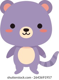 A cartoon-style bear with a lavender body, black eyes, and a cream-colored belly. It has a striped tail and a cute, simple facial expression.