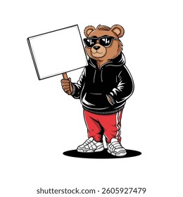 Cartoon-style bear wearing casual streetwear and holding a blank sign, ready for text or graphic additions.