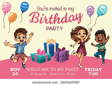 Cartoon-style birthday invitation featuring three cheerful children jumping with excitement, colorful balloons, and presents on a vibrant pink background. Ideal for party printables and event designs.