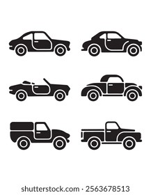 Cartoon-Style Black Car Silhouettes with Bold Shapes and Oversized Wheels