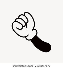 Cartoon-style black and white illustration of a gloved hand in a fist. The hand is drawn in a simple, bold outline, reminiscent of classic animation styles. Cartoon illustration vector.