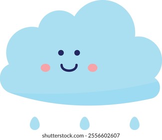 Cartoon-style blue cloud with a smiling face, two small black eyes, pink cheeks, and a curved black mouth, with three blue raindrops falling below.