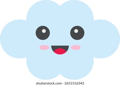 Nuvem azul estilo desenho animado com rosto sorridente, olhos grandes, bochechas rosadas e boca vermelha. Design de vetor mínimo transmitindo simpatia e alegria.