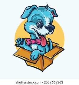 A cartoonstyle blue dog with a pink bow tie sits in a cardboard box tongue out against a yellow circle