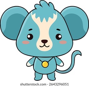 Um rato azul estilo cartoon com grandes orelhas redondas, um rosto de cor creme e um colar pingente dourado. Tem uma cauda longa e encaracolada.