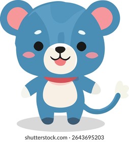 A cartoon-style blue mouse with pink inner ears and cheeks, a white belly, and a red collar, standing upright with a curled tail.