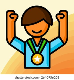 Cartoon-style boy lifting his arms with a gold medal and smile, expressing pride, victory, and success in a cheerful tone.