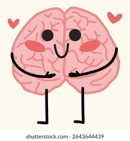 Cartoon-style brain hugging itself with a smile. Represents self-love, healing, and emotional balance. Great for mental health awareness and therapy visuals
