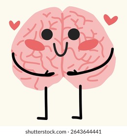 Cartoon-style brain hugging itself with a smile. Represents self-love, healing, and emotional balance. Great for mental health awareness and therapy visuals