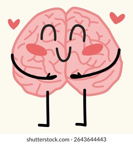 Cartoon-style brain hugging itself with a smile. Represents self-love, healing, and emotional balance. Great for mental health awareness and therapy visuals