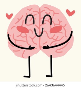 Cartoon-style brain hugging itself with a smile. Represents self-love, healing, and emotional balance. Great for mental health awareness and therapy visuals