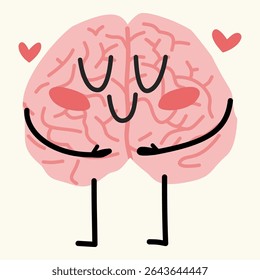 Cartoon-style brain hugging itself with a smile. Represents self-love, healing, and emotional balance. Great for mental health awareness and therapy visuals