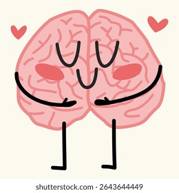 Cartoon-style brain hugging itself with a smile. Represents self-love, healing, and emotional balance. Great for mental health awareness and therapy visuals