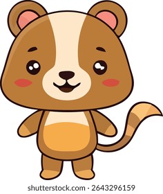 A cartoon-style brown bear with a light beige face, a striped tail, and a happy expression stands upright. The bear has pink cheeks and big, round eyes.
