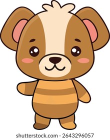 A cartoon-style brown bear with a light brown stripe on its head, a striped body, and rosy cheeks stands upright.