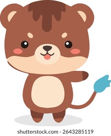 A cartoon-style brown bear stands upright, featuring a light brown belly and a unique blue tail. It has a cute, smiling expression.