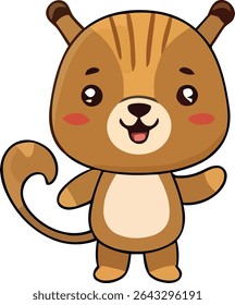 A cartoon-style, brown, bear-like creature with a striped head, small ears, a curly tail, and rosy cheeks, smiling with open arms.