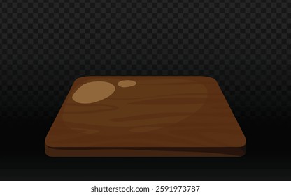 Cartoon-style brown wooden plank with simple shading, a rounded edge, and a light oval highlight against a dark checkered transparent background. Playful and whimsical, perfect for creative, rustic