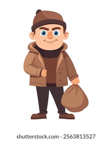 Cartoon-style burglar dressed in warm clothes with a sack, symbolizing crime, mystery, and detective themes in a lighthearted, animated design