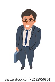 Cartoon-style businessman in suit holding a briefcase, standing on white background. Concept of professional success, career, and corporate lifestyle. Vector illustration