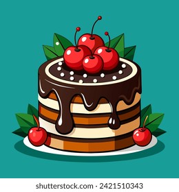 A cartoon-style cake with chocolate icing, cherries on top, surrounded by leaves and cherries, against a green background. It appears freshly made and visually appealing.