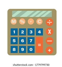 A cartoon-style calculator is isolated on a white background. Vector calculator template in flat style.